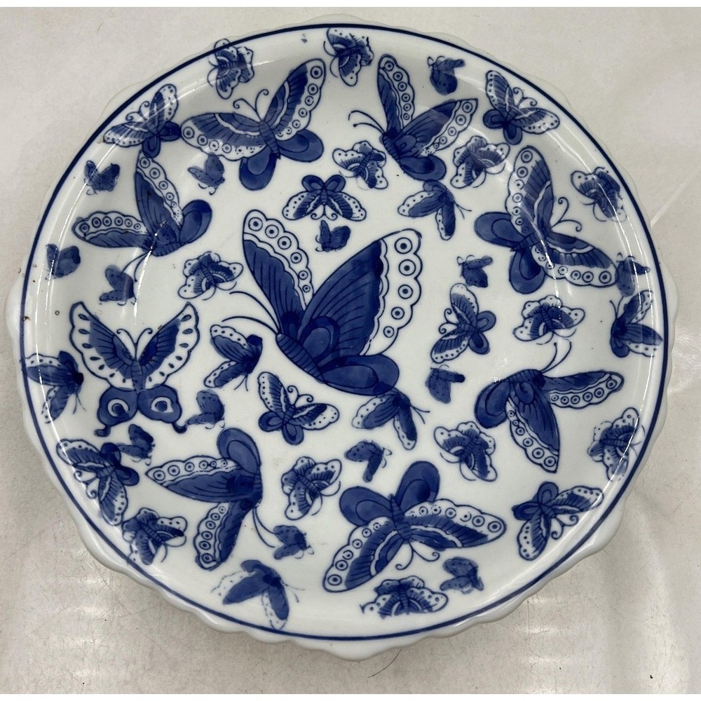 Vintage Pedestal Dish Scalloped Bowl Blue and White Butterfly Porcelain 9.5"